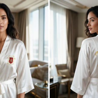 Aristocratix Crest Satin Robe, Women's Kimono Robe lifestyle photo